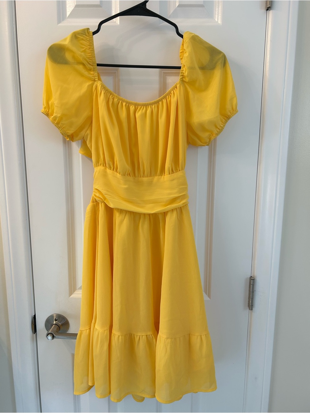 EXLURA Women’s Bright Yellow Puff-Sleeve Tie Back Casual A Line Dress Small